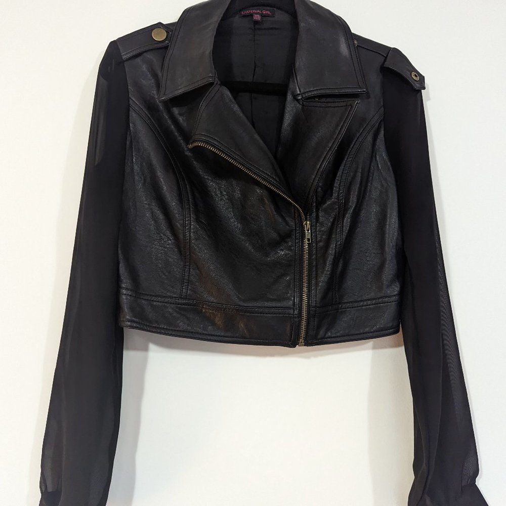 Material Girl Cropped Leather Jacket with Sheer Sleeves s: L